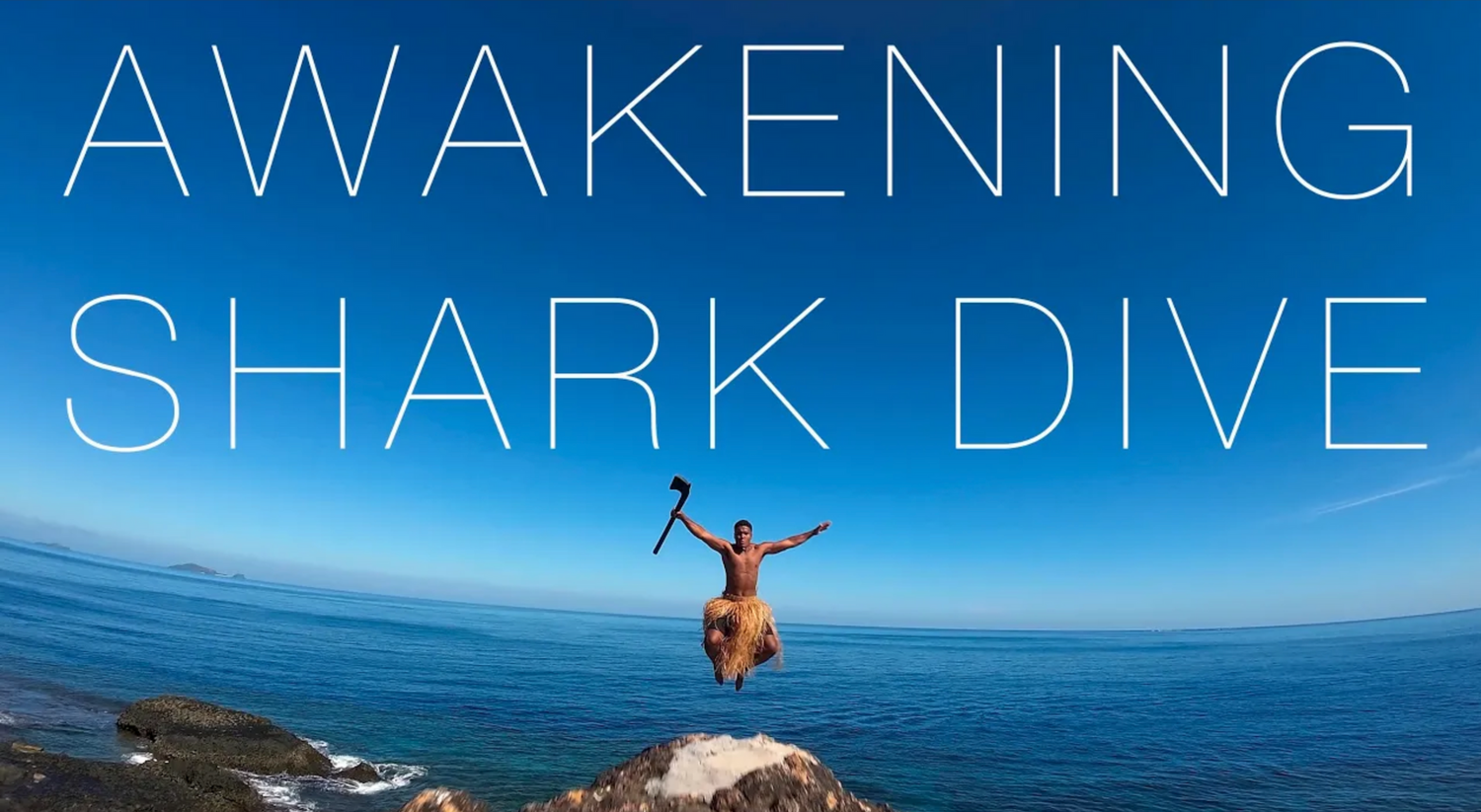 Silhouette of person standing on cliff edge overlooking ocean with text AWAKENING SHARK DIVE.