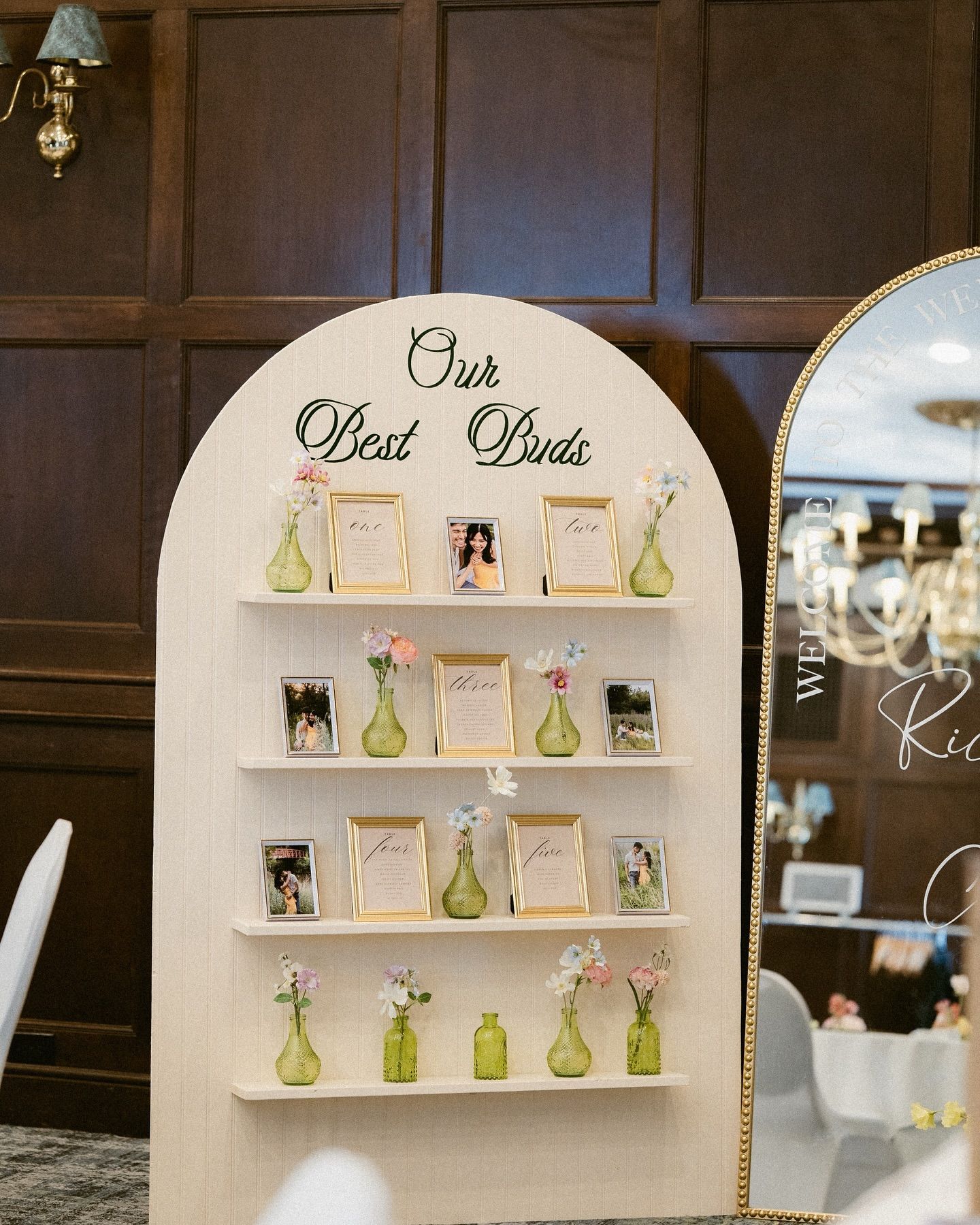 wedding shot display wall with custom favors and elegant styling in Regina event decor
