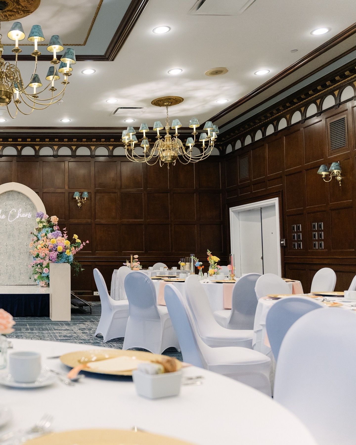 luxury wedding reception room with coordinated table setup and elegant decor in Regina event styling