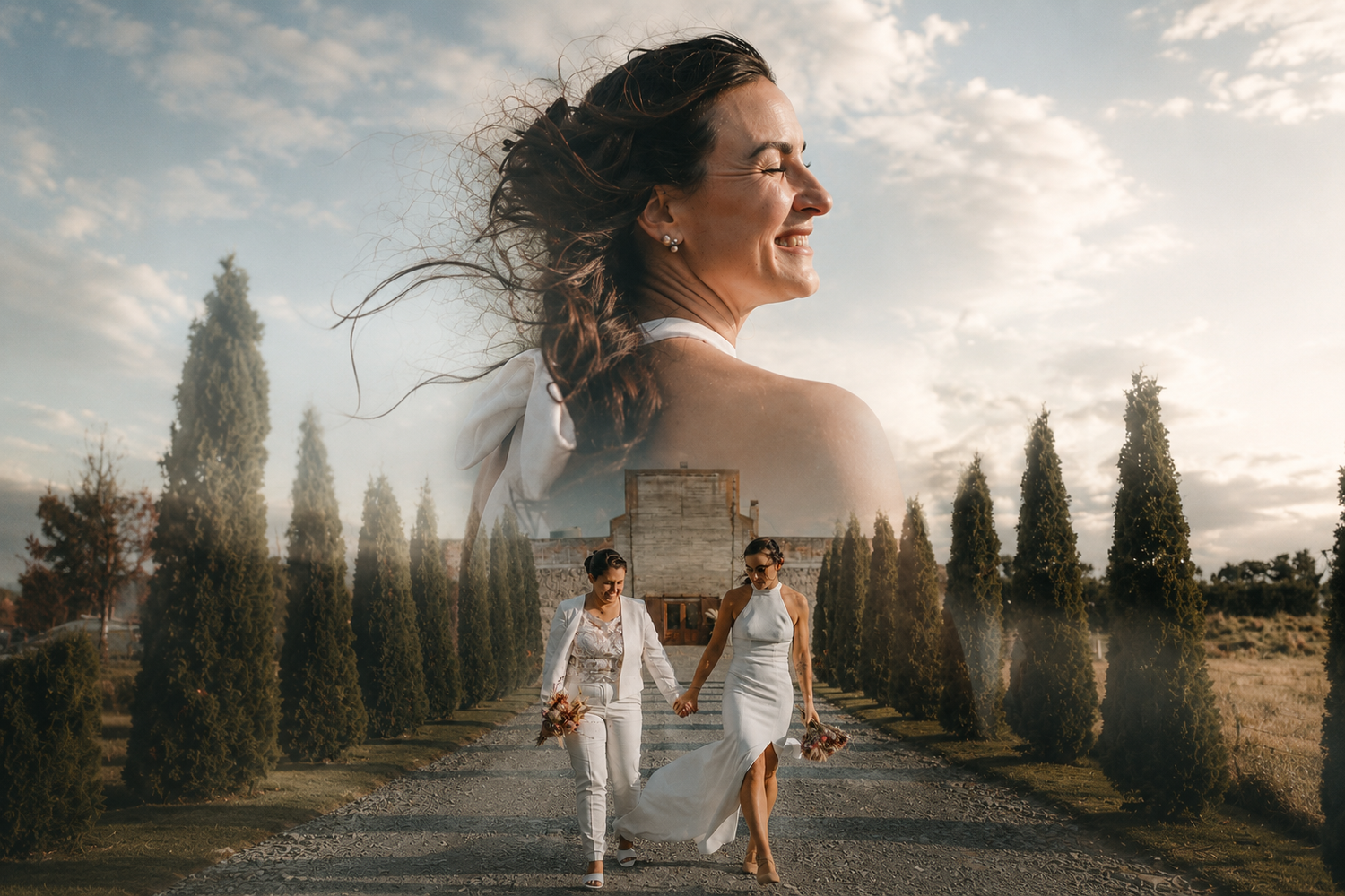 Lily and Kayla smiling together at their Laxmill Wedding Venue celebration in Christchurch.