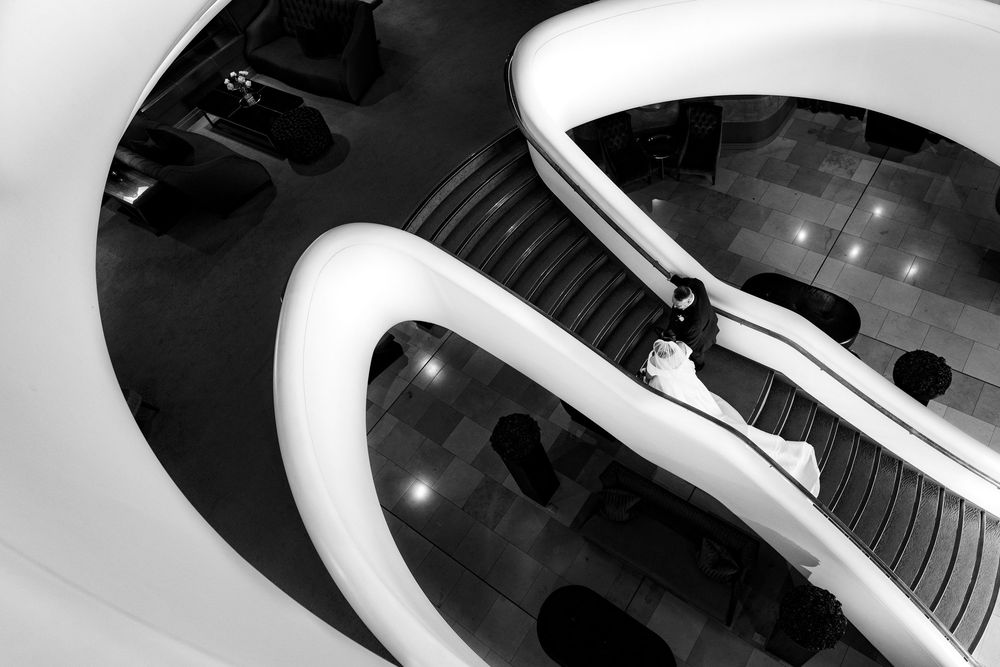 Abstract black and white architectural interior featuring curved white railings against a dark background with reflective lighting.