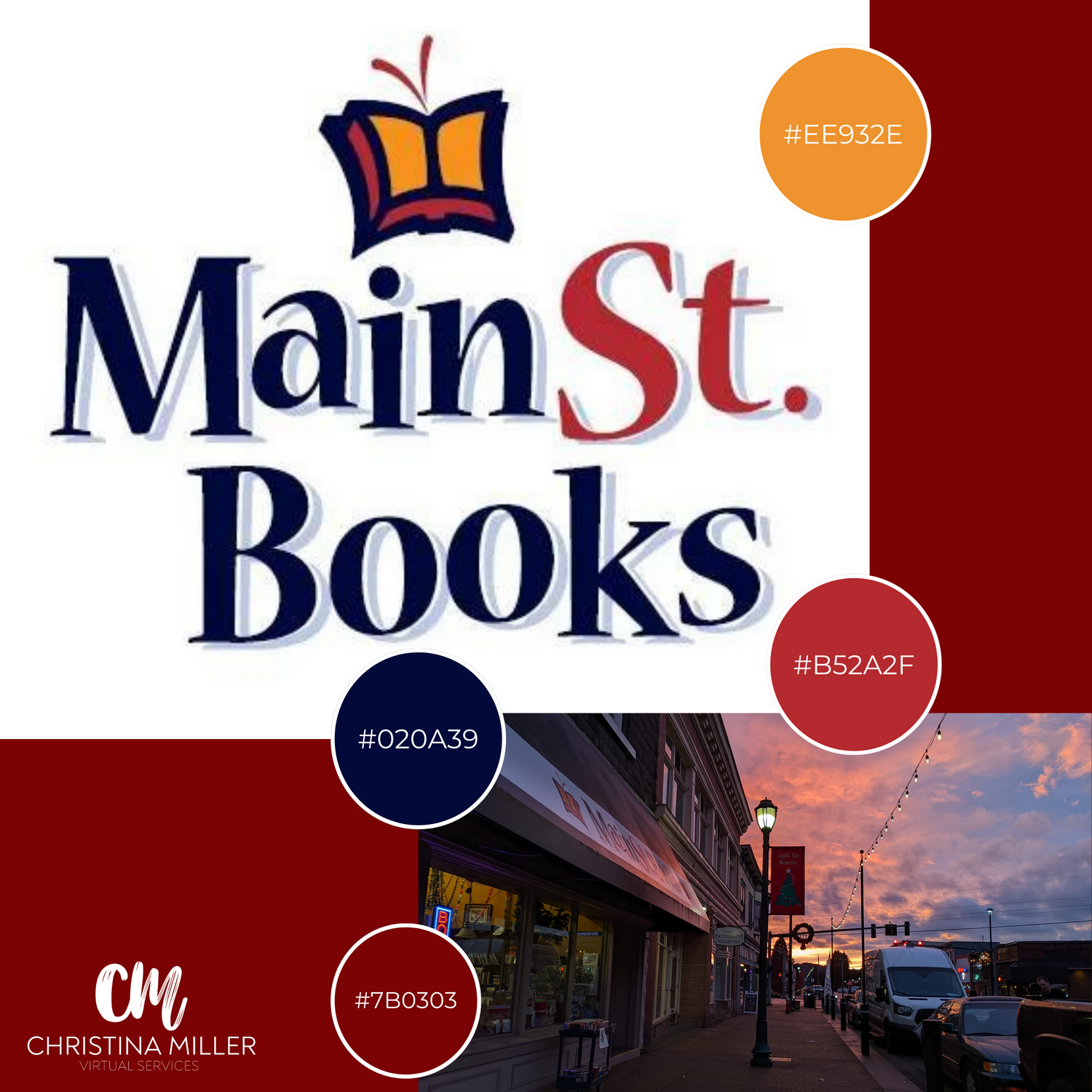 Main St. Books logo design with butterfly icon and color palette circles on dark red background.