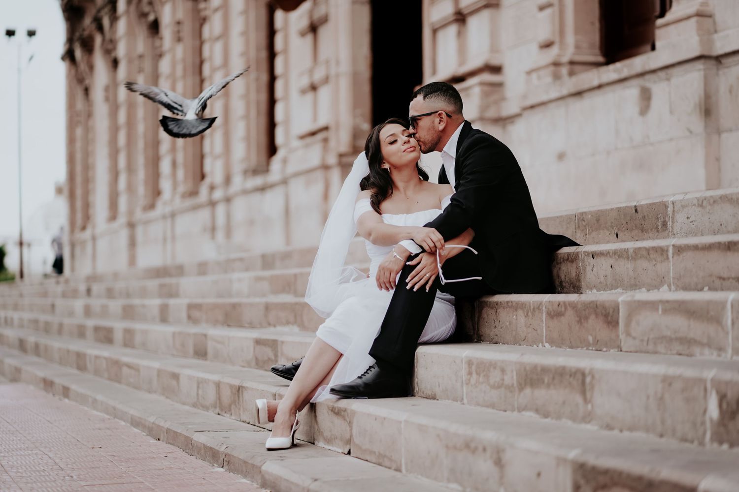 Elegant scene on stone steps with a bird flying past historic architecture.