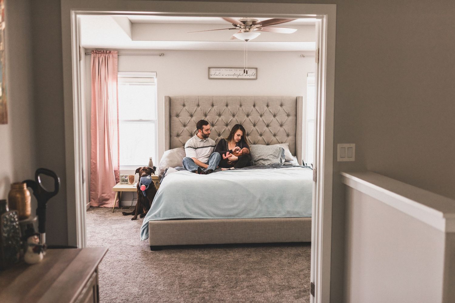 Family snuggled on bed with Newborn and family dog at their side
