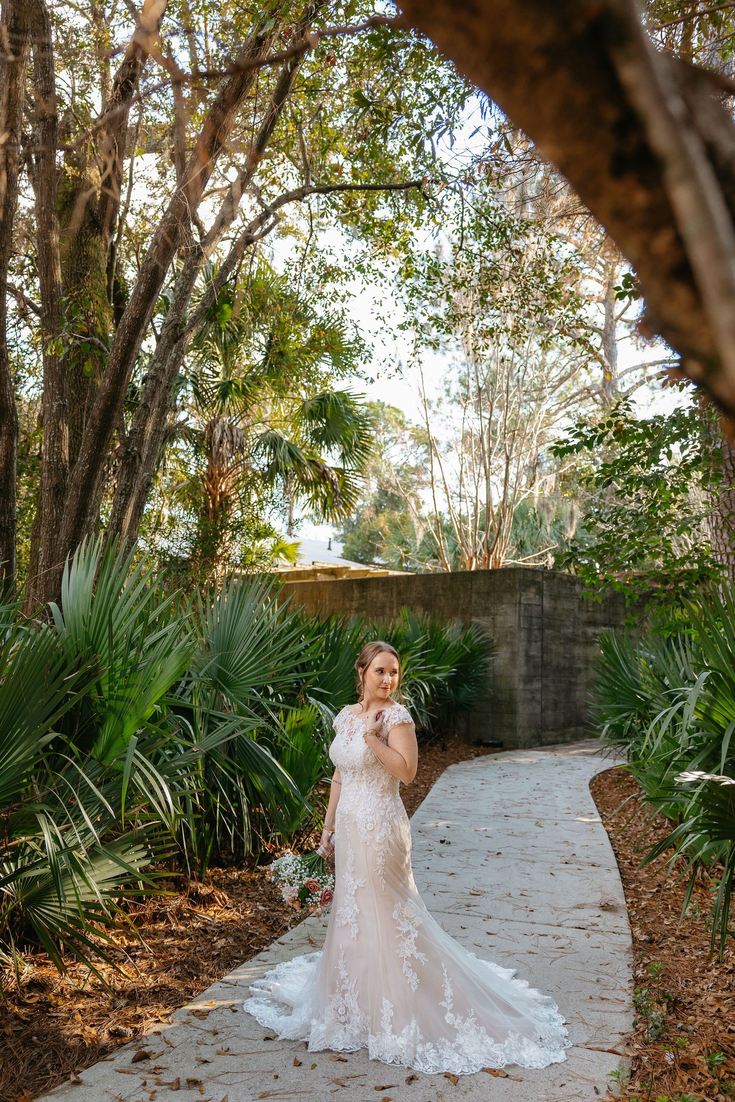 A winding garden path surrounded by lush greenery and palm fronds leads through a natural outdoor setting.