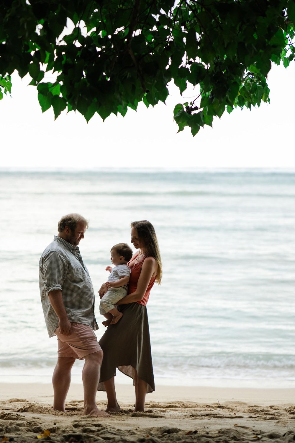 Intimate family portrait on beach under leafy canopy at sunset. Oahu Family Photographer