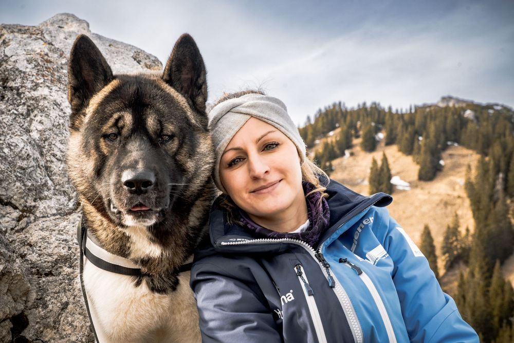 A series of selfies showing someone in winter clothing with an Akita dog against snowy mountain landscapes.