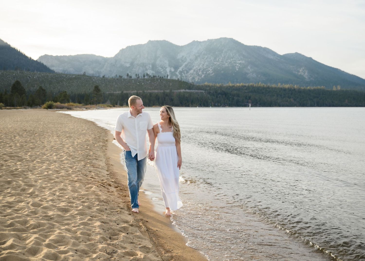 An engagement session with a Northern California wedding photographer on the shore of Lake Tahoe.