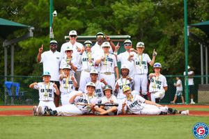Team photo showing youth baseball players in white uniforms sitting together on grass field.