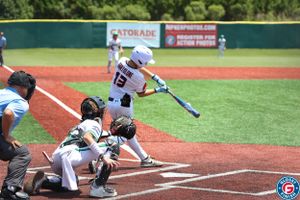 Baseball batter swinging at pitch with catcher behind home plate.