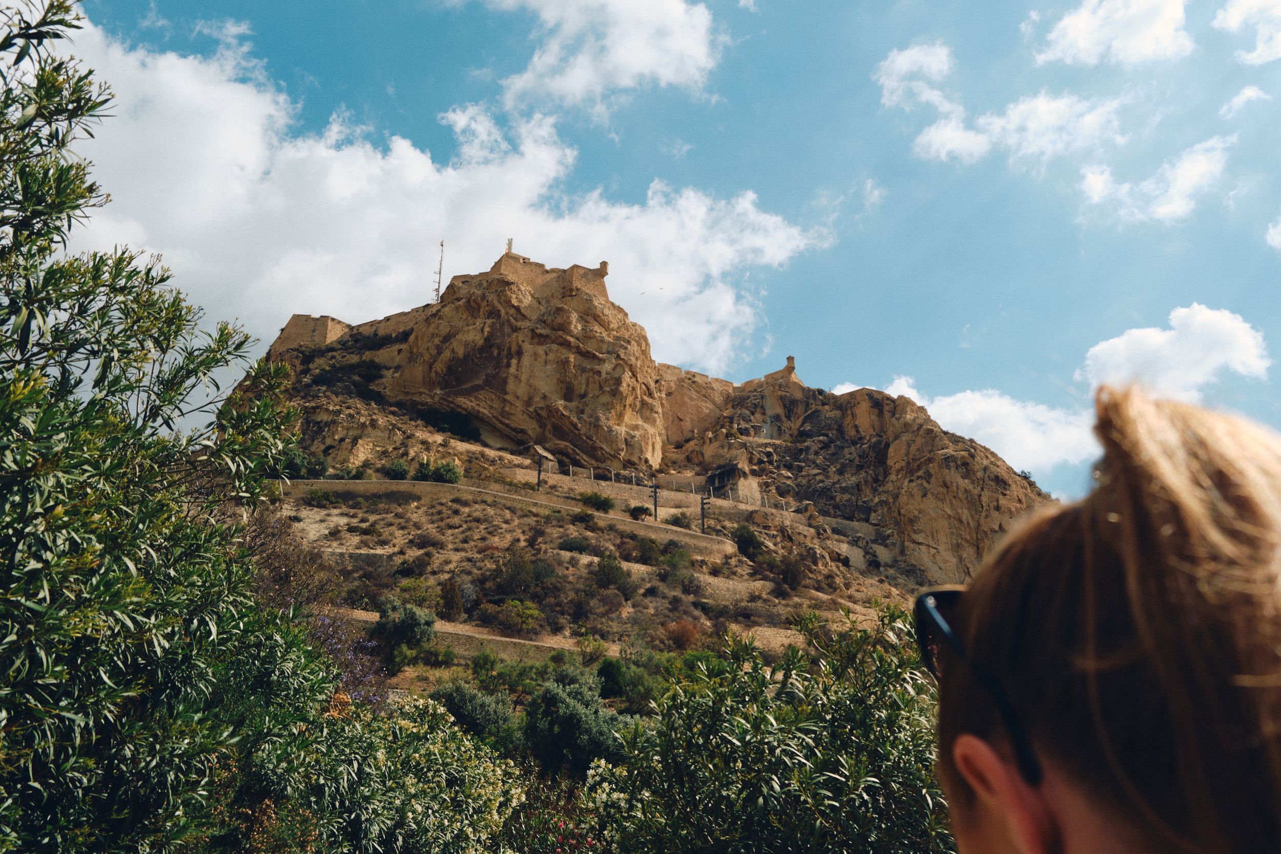 Ancient fortress perched on a rocky hilltop against blue sky with vegetation in foreground.