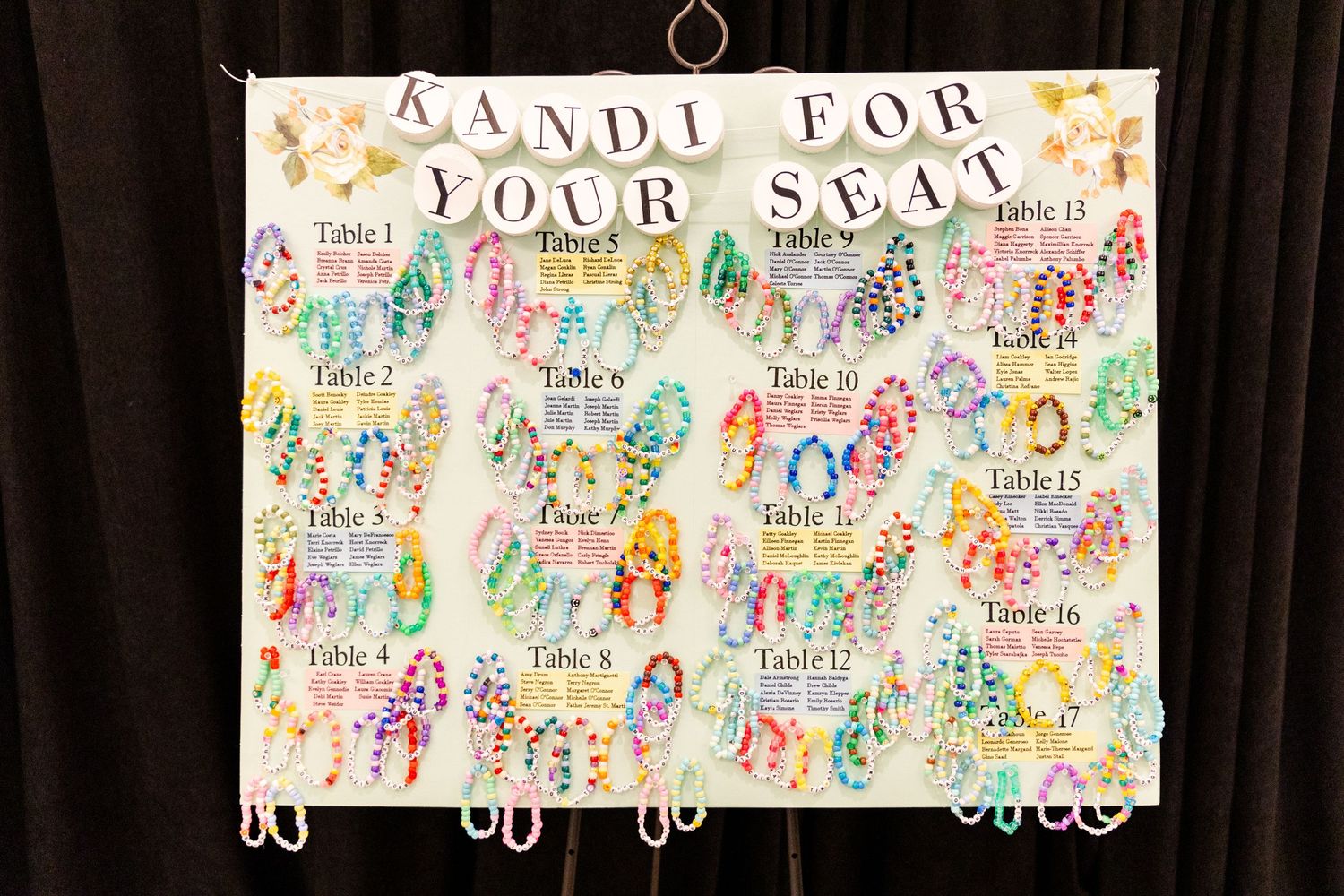 Decorative seating chart with colorful illustrations and assigned table numbers.