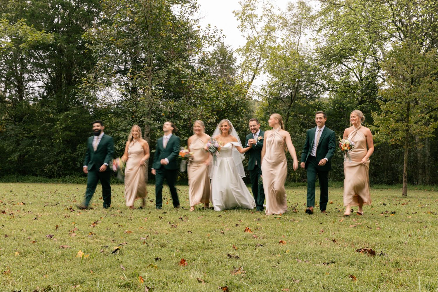 A wedding party walks together across a grassy lawn with trees in the background on a sunny day.