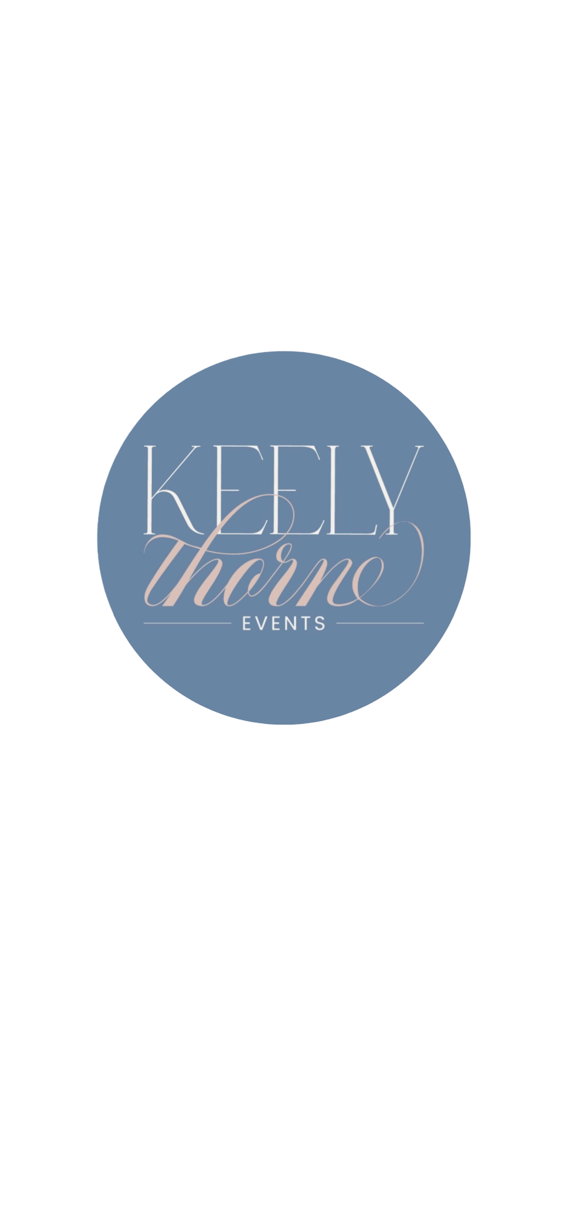 Keely Thorne Events logo design featuring blue circle with elegant white and rose gold text.