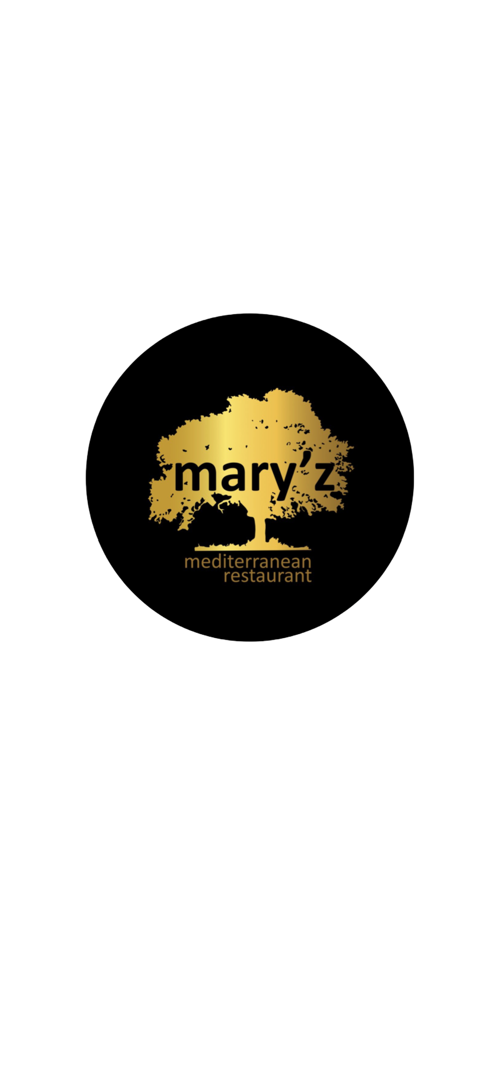 Gold Mediterranean restaurant logo featuring a stylized tree silhouette on a black oval background.