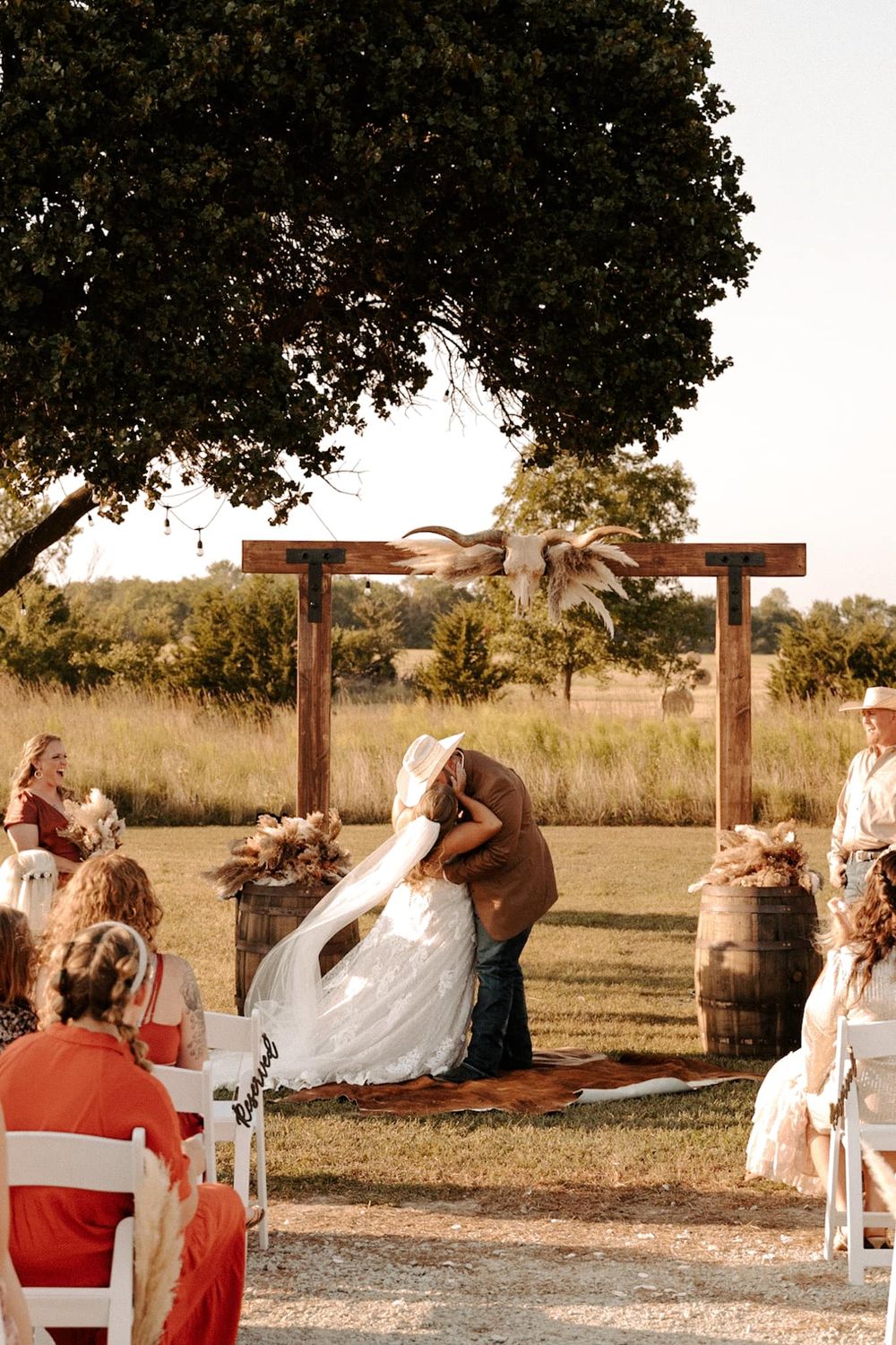 A sequence of playful wedding ceremony moments under a rustic wooden arch during golden hour. Oklahoma Wedding Photographer