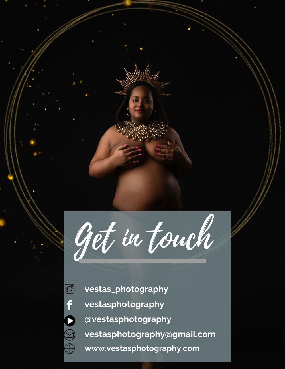 Photography business contact page with artistic maternity portrait and social media links.