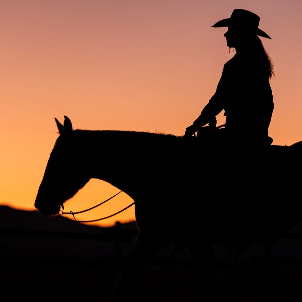 A silhouetted horse and rider against a dramatic orange sunset sky creates a striking western scene.