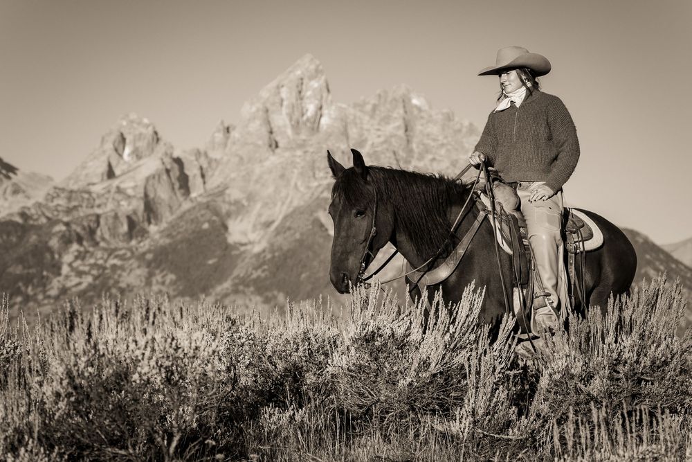 A series of black and white landscape photos showing riders on horseback against a mountainous backdrop in Grand Teton National Park.