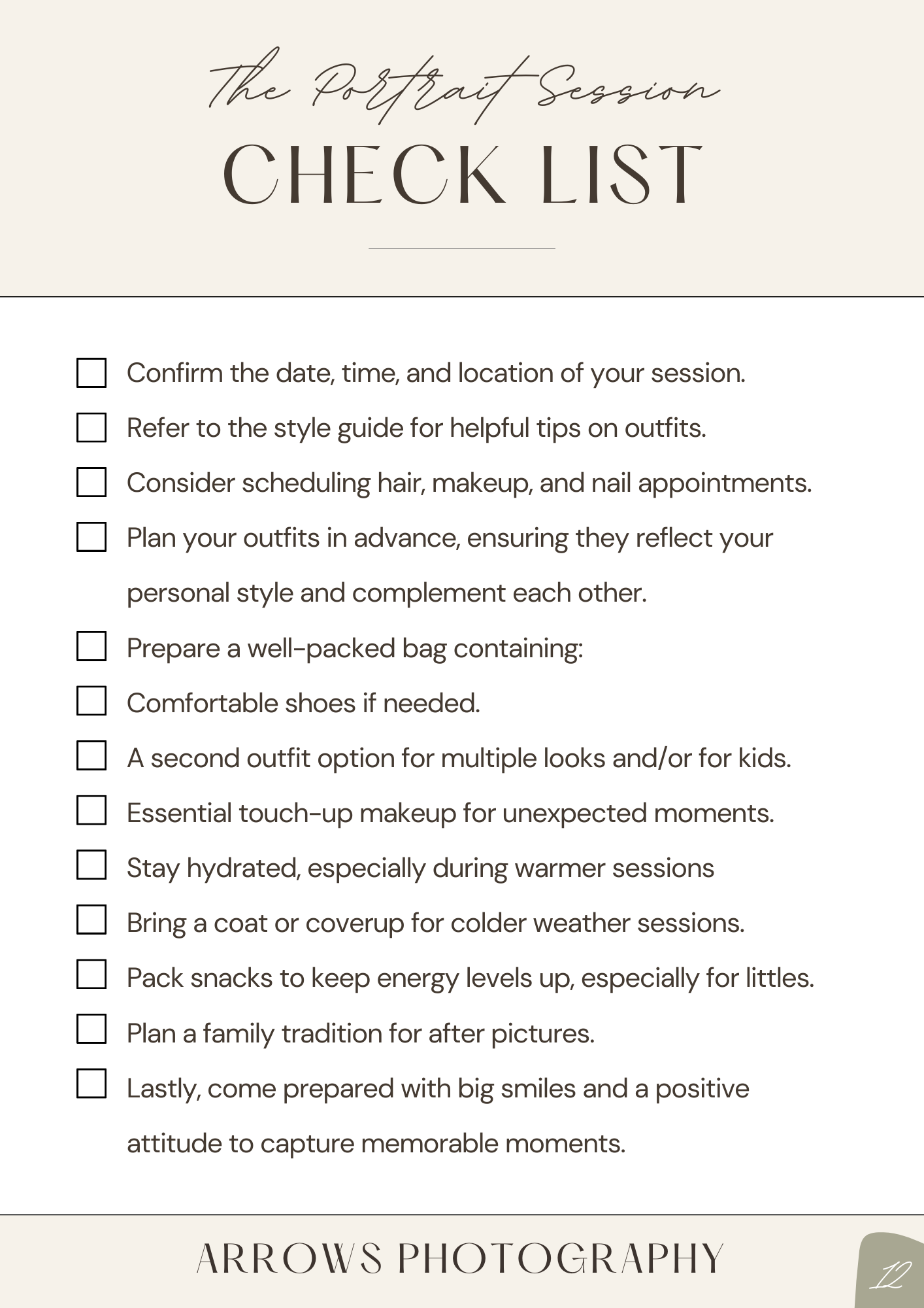 Arrows Photography portrait session checklist with preparation tips for photoshoots.