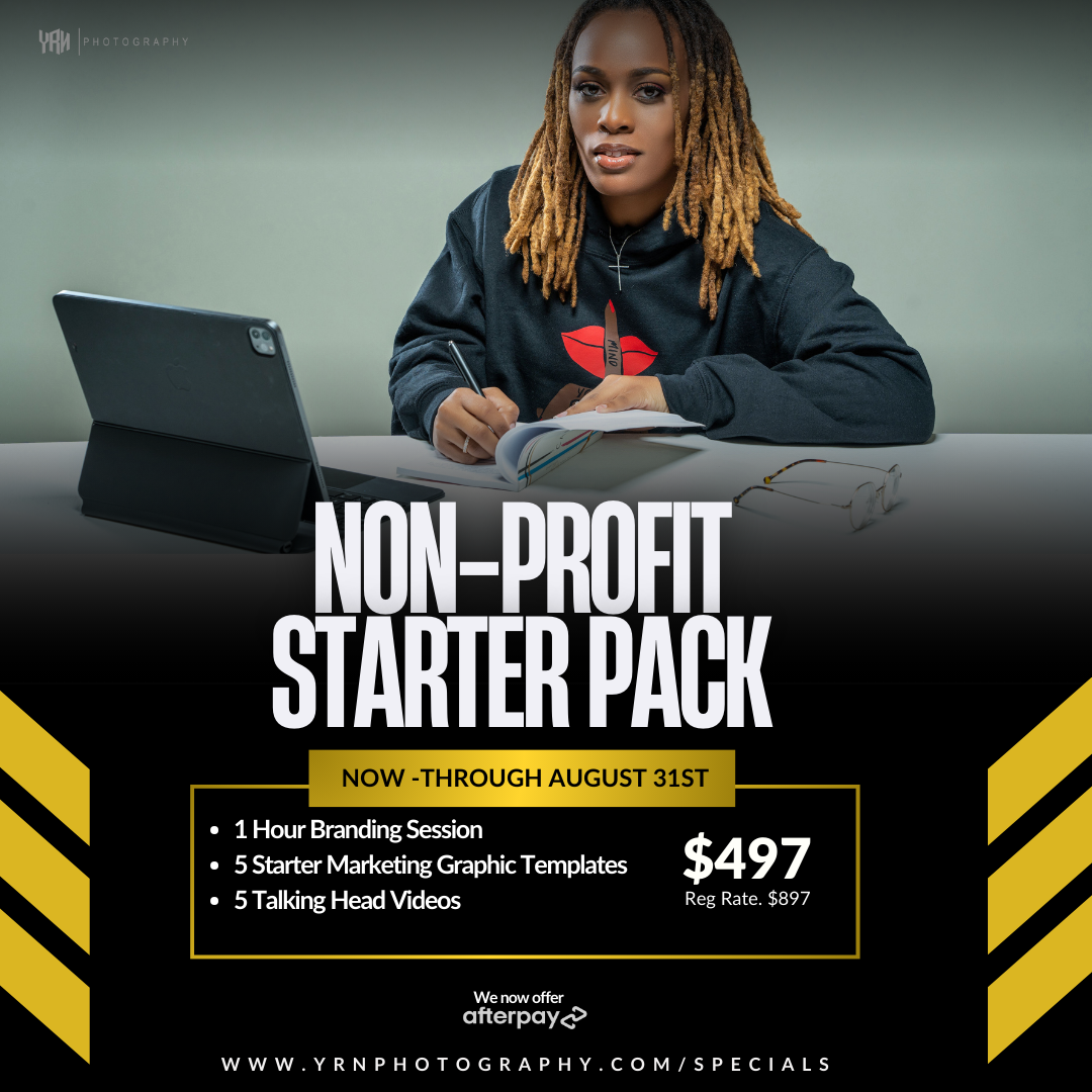 Promotional design for non-profit photography starter pack with service details.