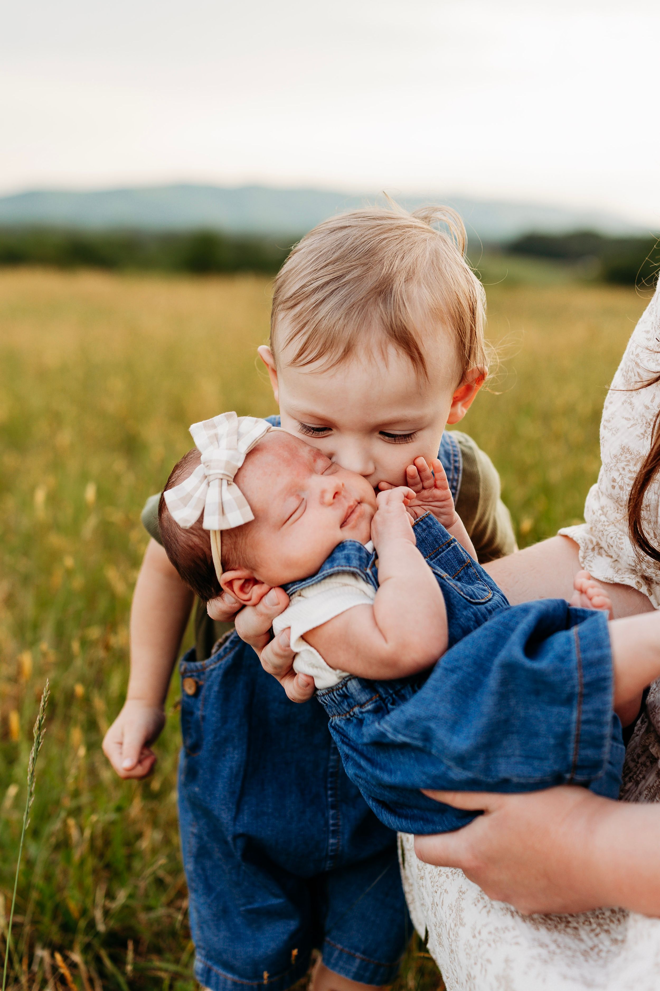 Toddler in denim overalls kissing sleeping newborn baby sister in sunny green meadow.