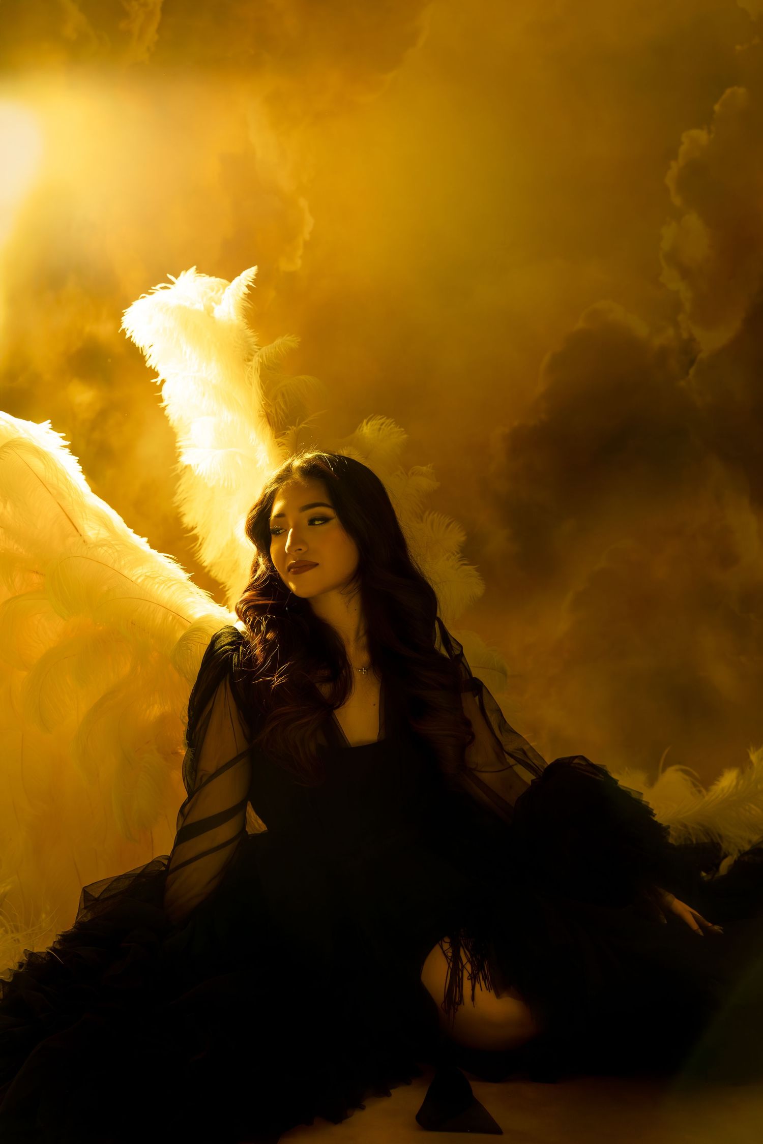 A silhouetted figure in a black dress poses against dramatic golden clouds with ethereal lighting effects.