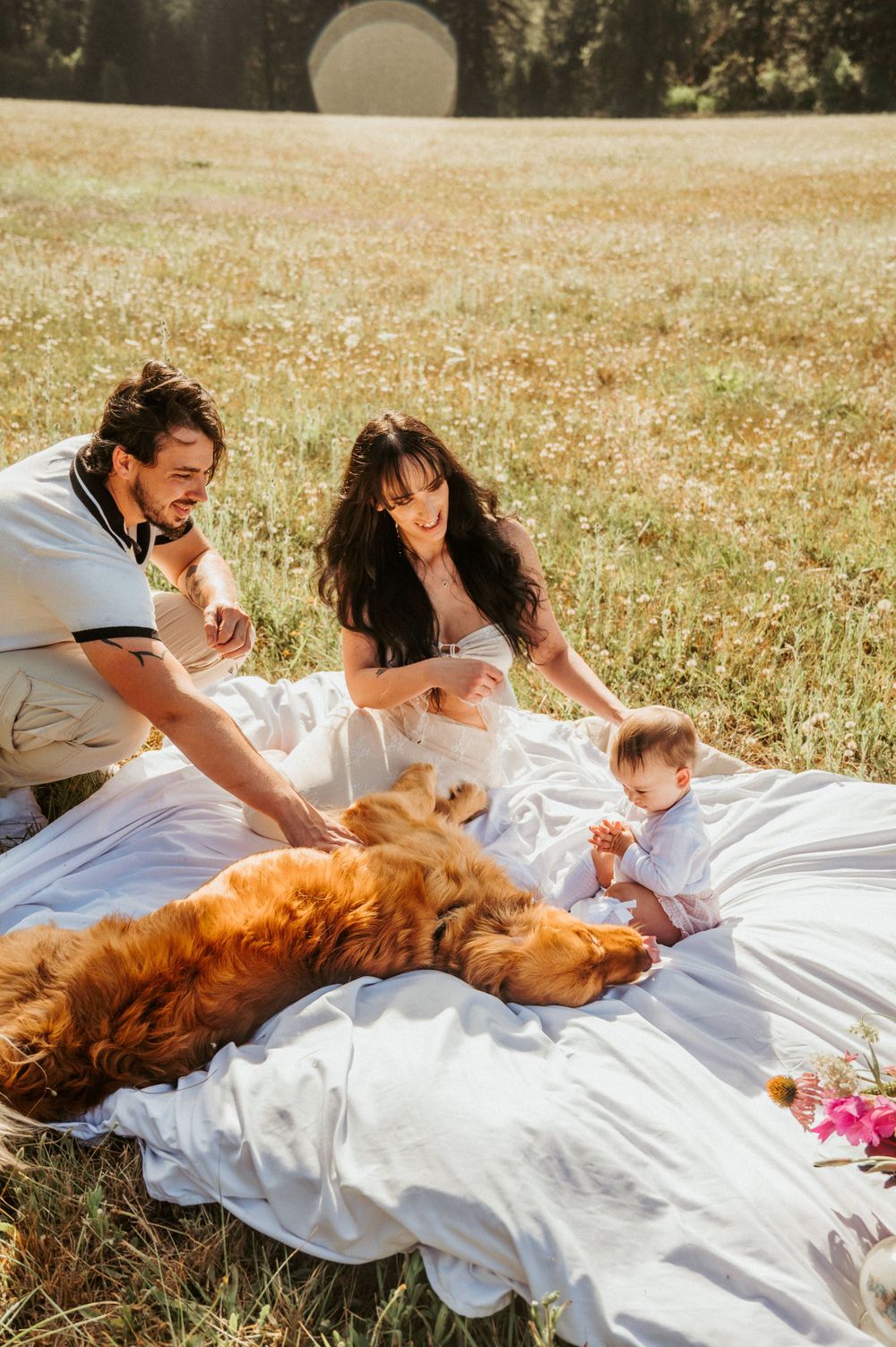 Family enjoying a picnic with their golden retriever on a white blanket in a meadow.