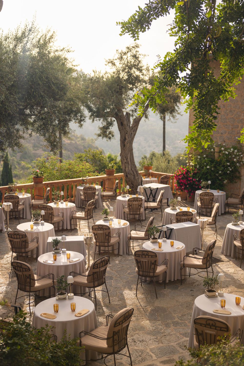 Mediterranean outdoor restaurant terrace with white tablecloths and wicker chairs surrounded by trees at sunset.