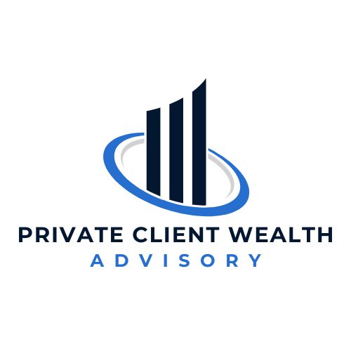 Blue and black corporate wealth management logo with modern building design.
