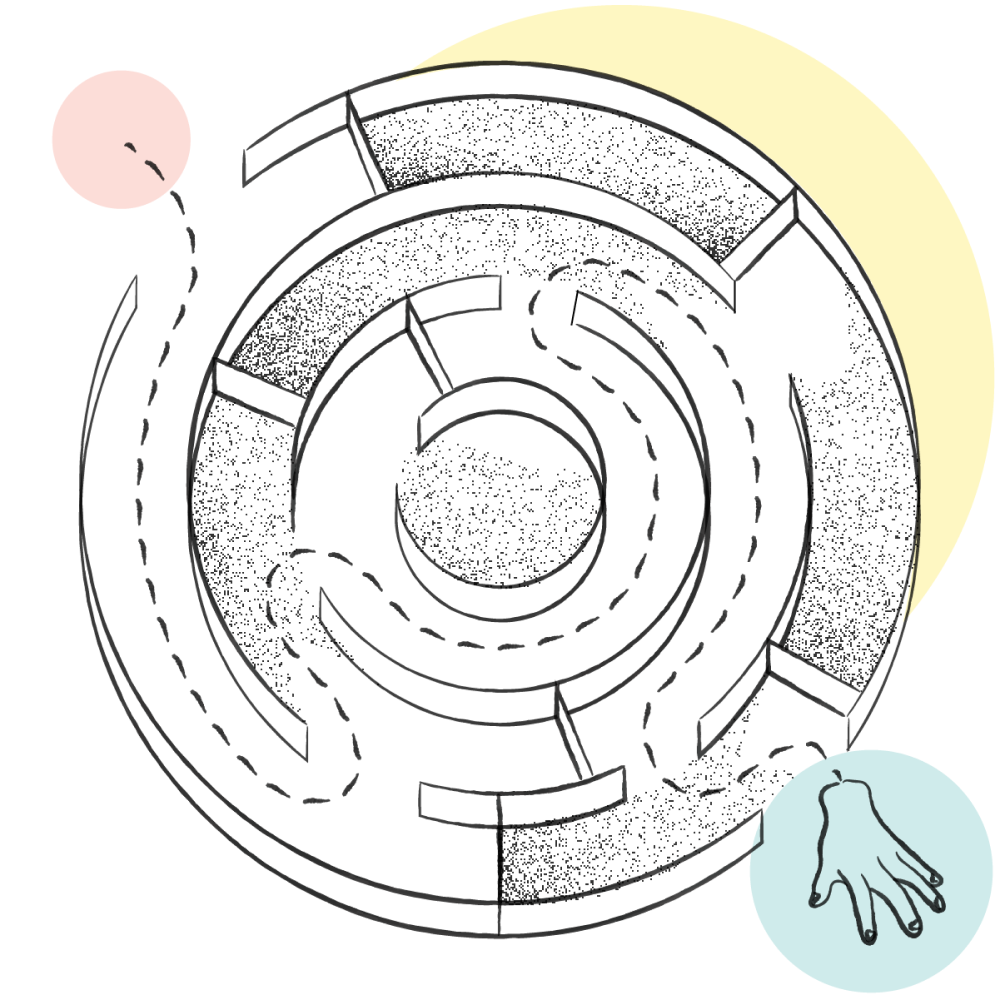 Circular maze with dashed path and hand reaching in, symbolizing problem-solving and navigation challenges.