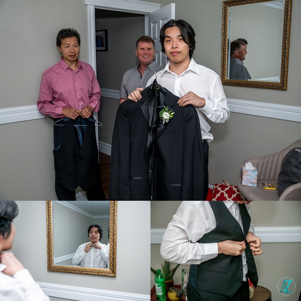 Getting dressed in formal attire while looking in a mirror with preparations for a special event.