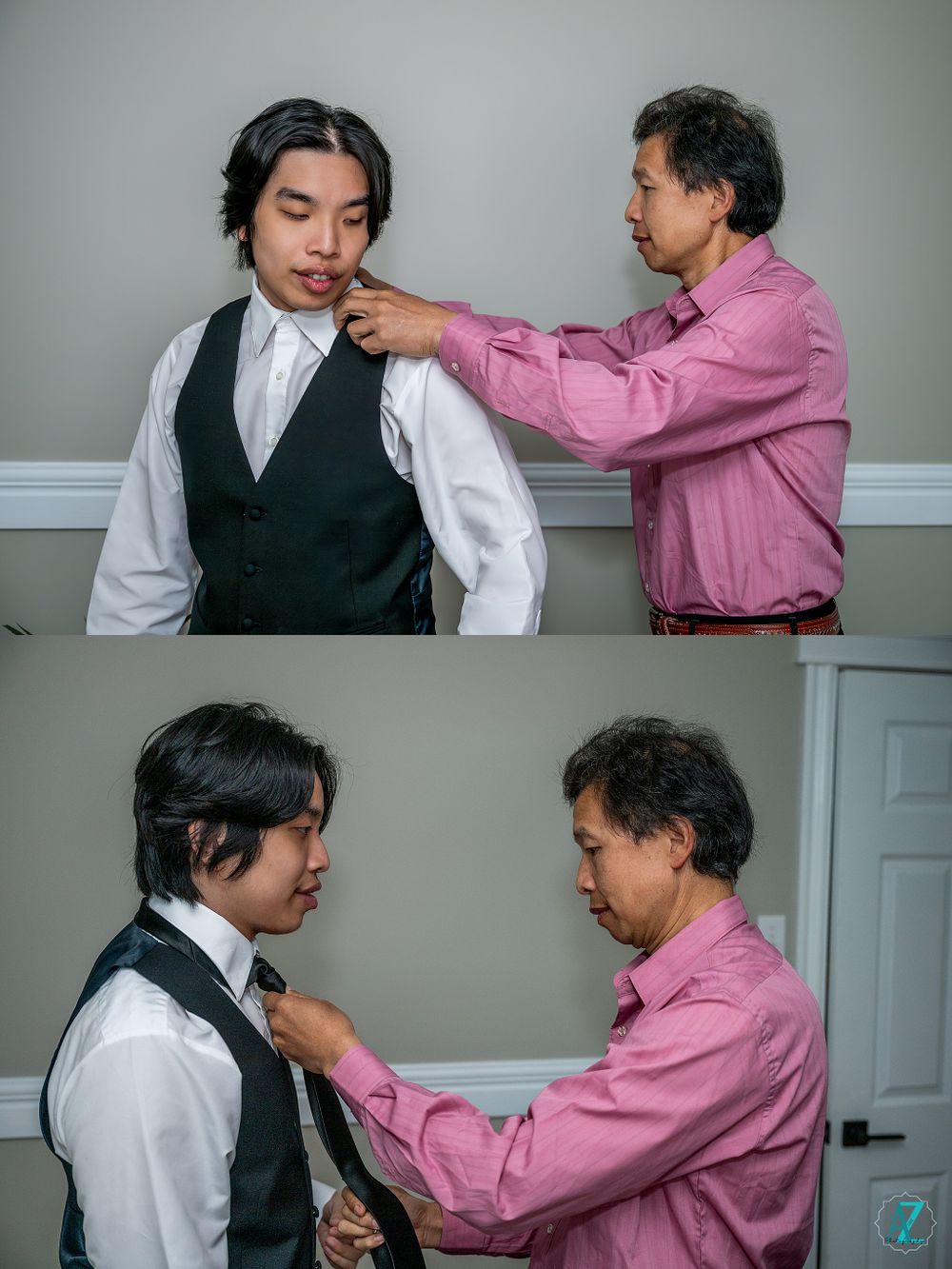 Final adjustments being made to formal attire before an event.