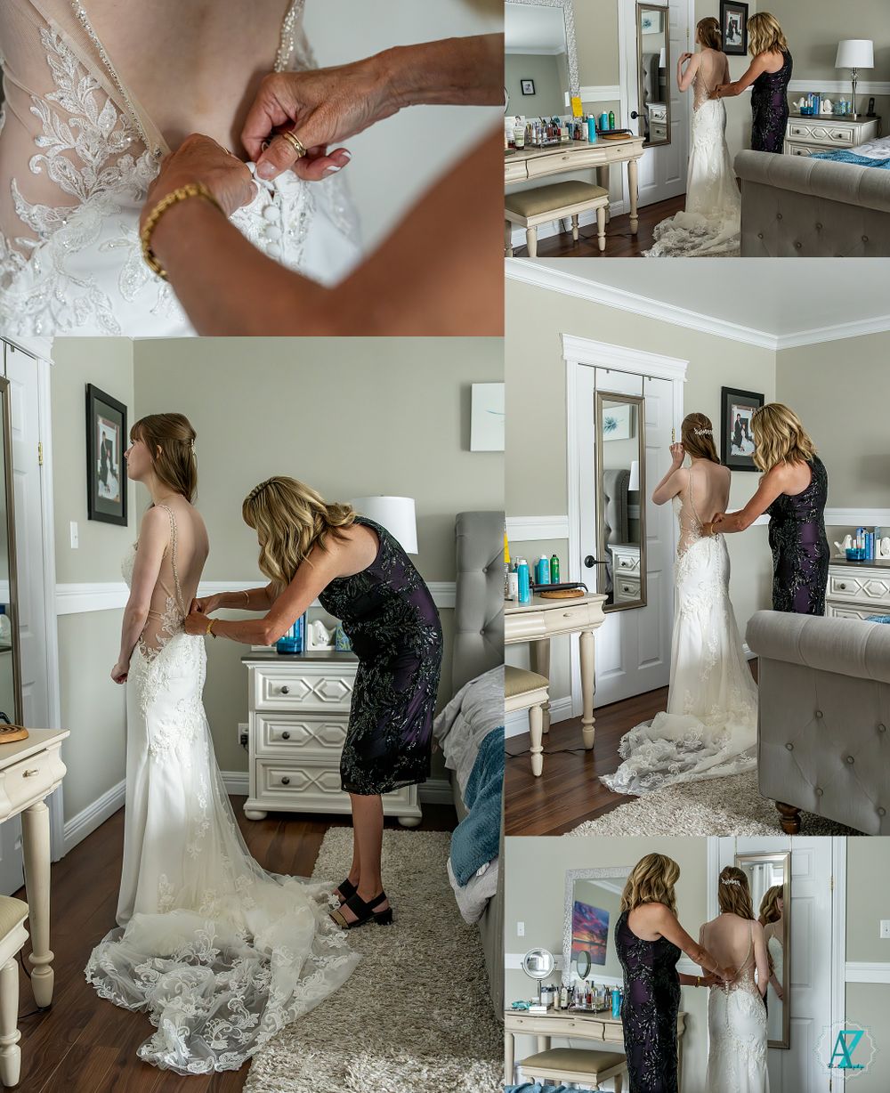 Wedding dress preparation scenes showing detail work and final adjustments.