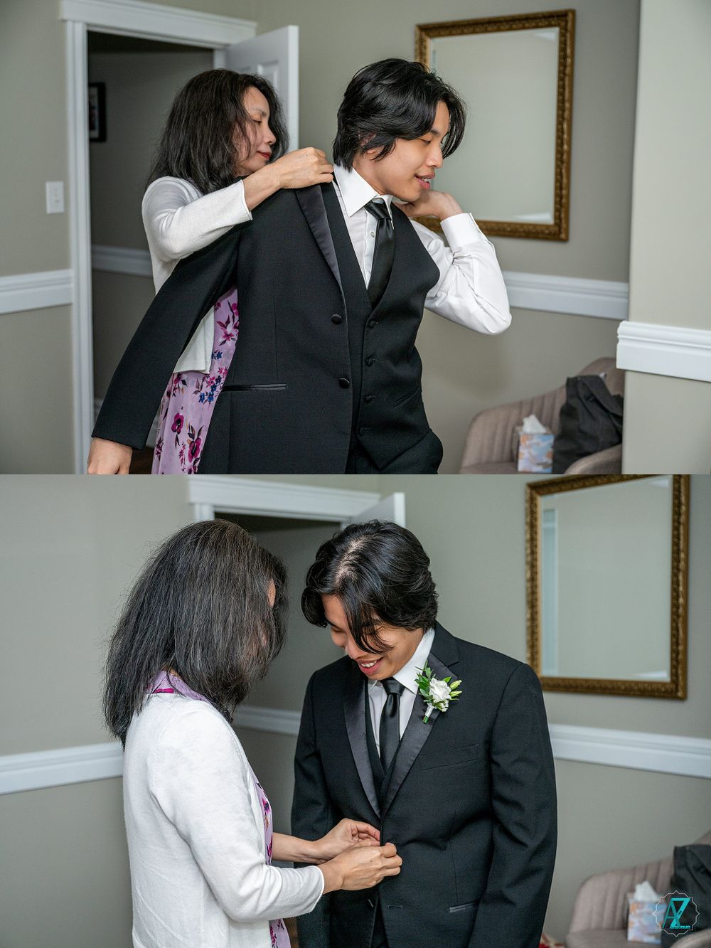 Getting ready scene showing formal attire preparations in a room with mirrors.