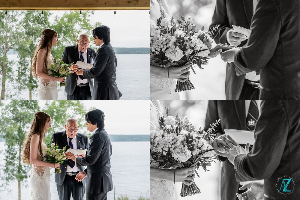 Wedding ceremony moment captured in both color and black and white on a lakeside deck.