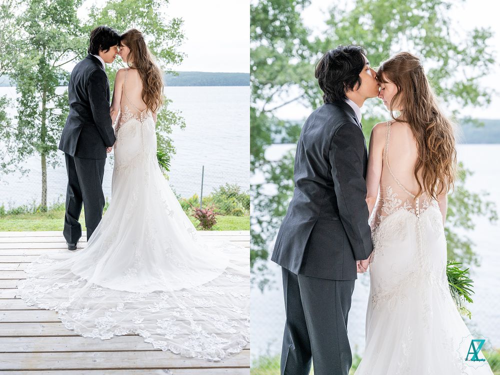 Side-by-side wedding portraits showing couple's romantic lakeside embrace.