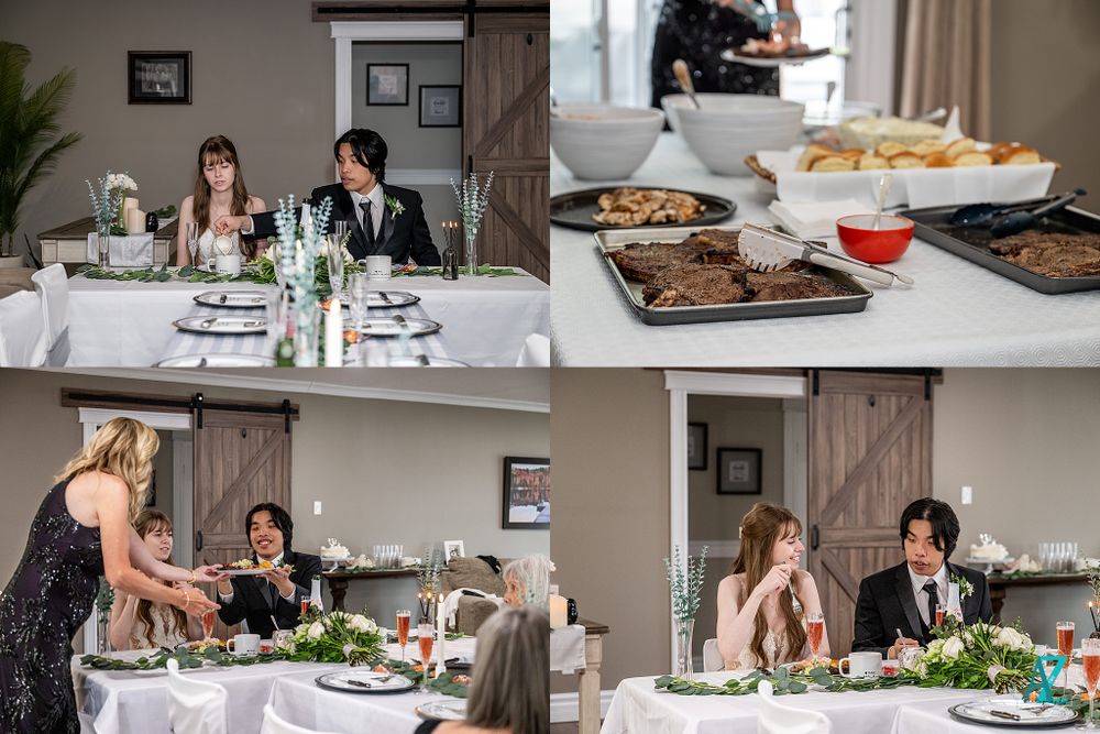 Wedding reception table scenes with various dishes and decor at an intimate dinner celebration.