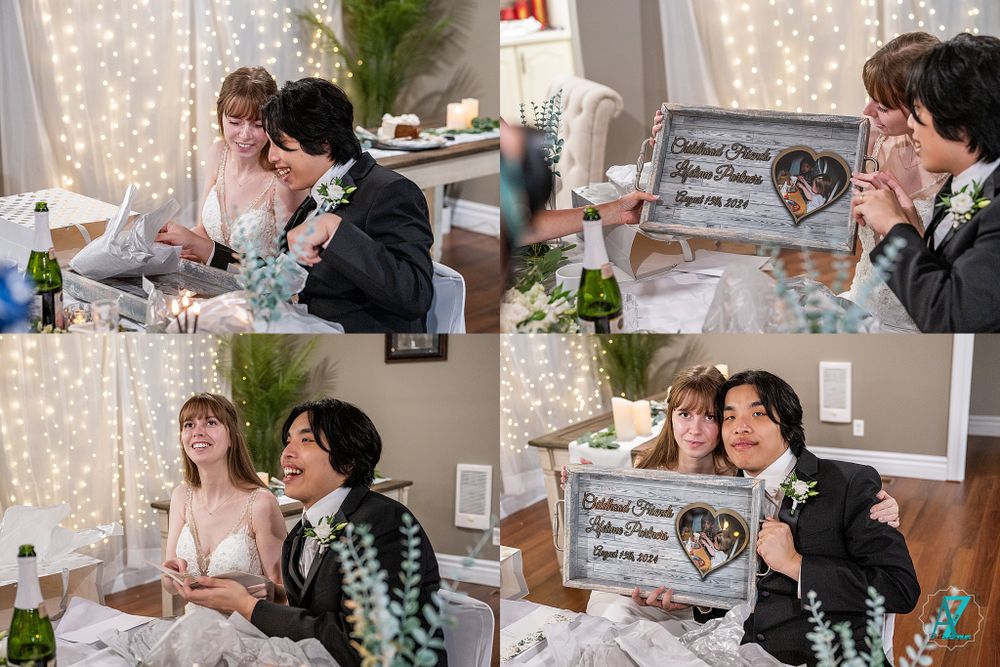Collage of candid moments from a wedding reception featuring the couple at their table.