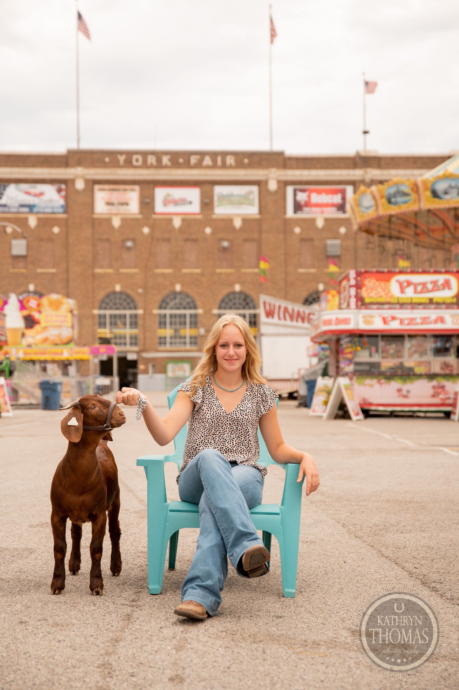 A show goat stands beside someone seated in a turquoise chair at the York Fair.