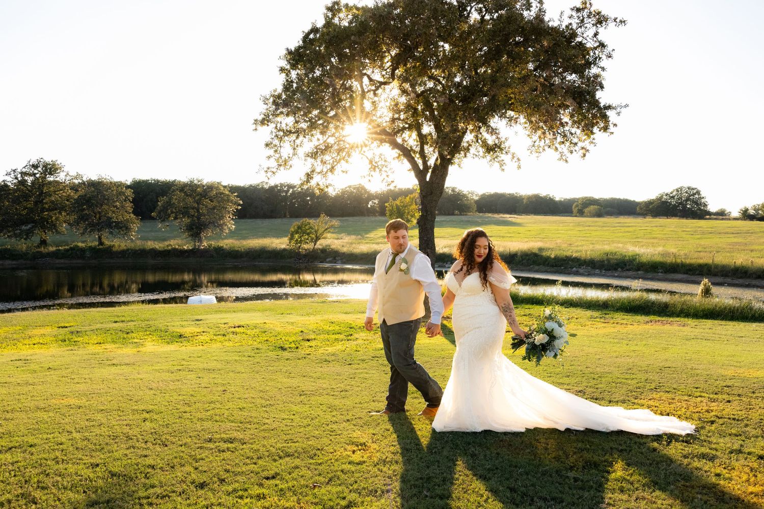Romantic wedding photo sequence in a sunlit field with trees at golden hour.