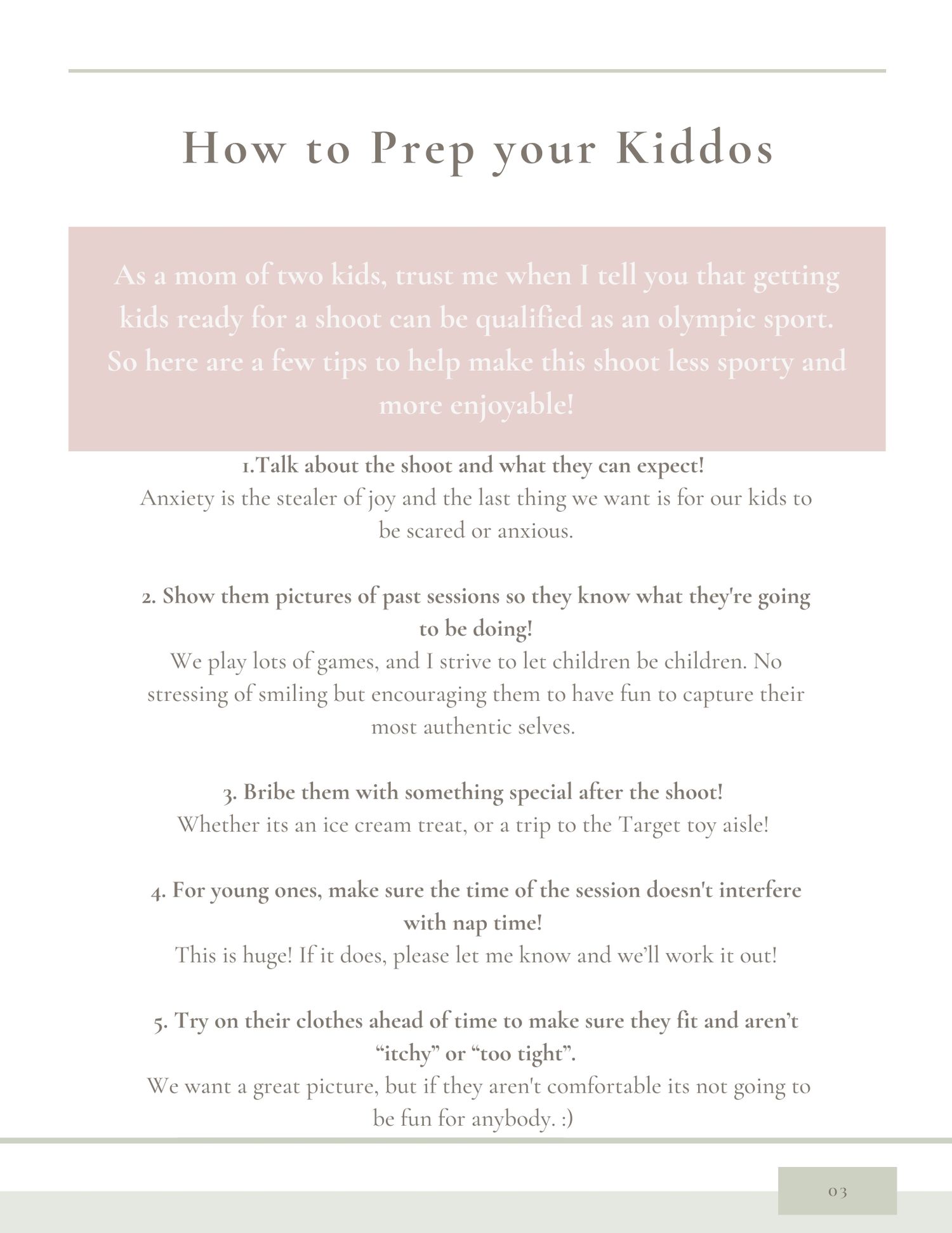 A style guide page with tips on how to prep your kids for a family photo session.
