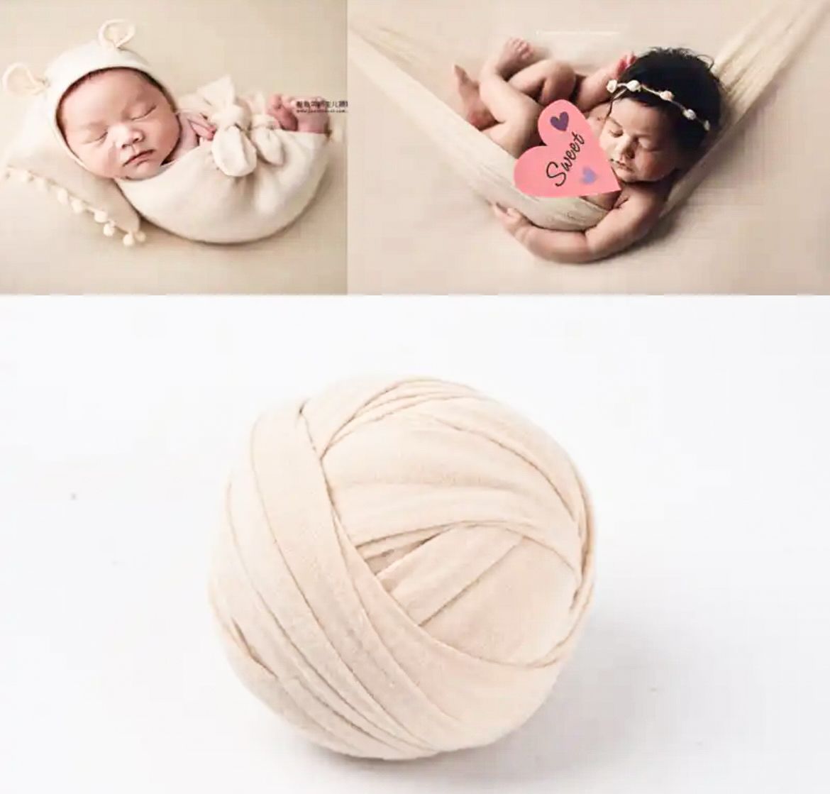 Collection of cream-colored knitted wraps and accessories arranged in a row on white background.