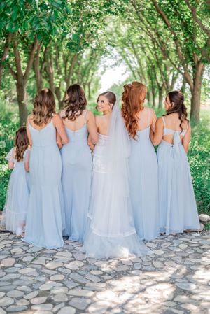 Row of bridesmaids in light blue dresses standing with their backs turned showing matching styles.