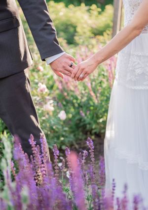 Wedding couple standing among blooming purple lavender flowers in garden setting.
