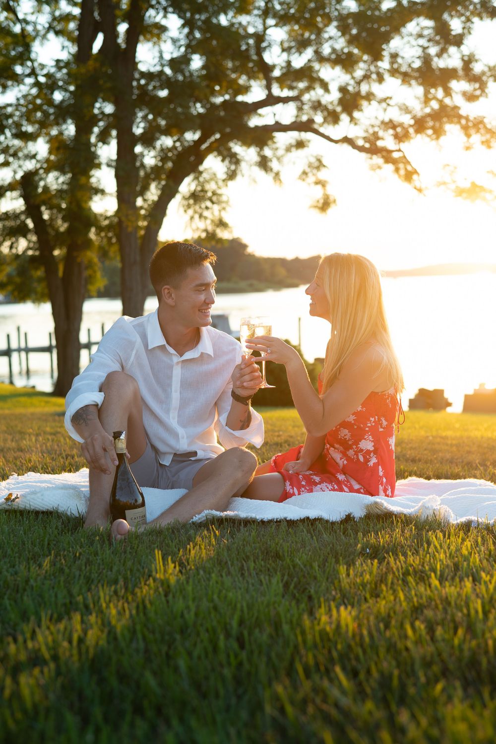 Couple toasting champagne glasses at a romantic sunset picnic on the grass near a lake.