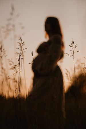 Silhouette of pregnant woman cradling baby bump at sunset in tall grass field with warm golden light.