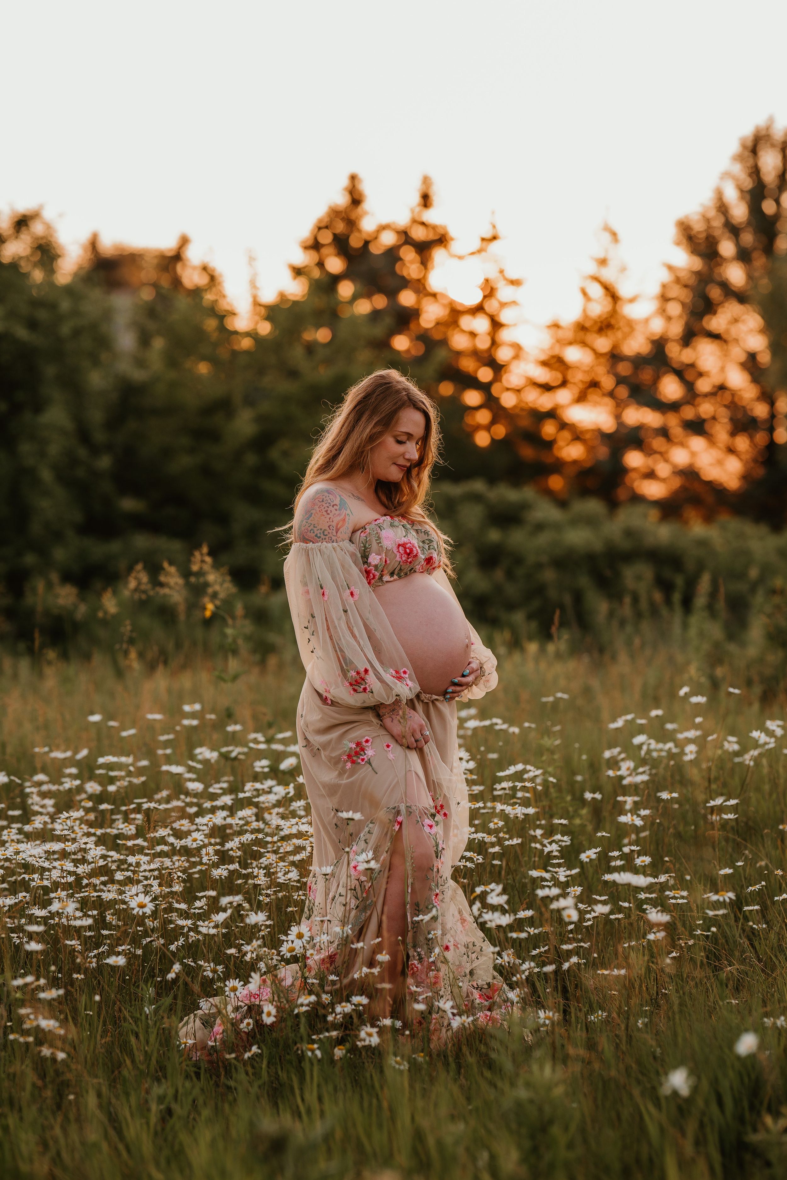 Pregnant woman in floral dress cradling baby bump in wildflower field at golden hour sunset.