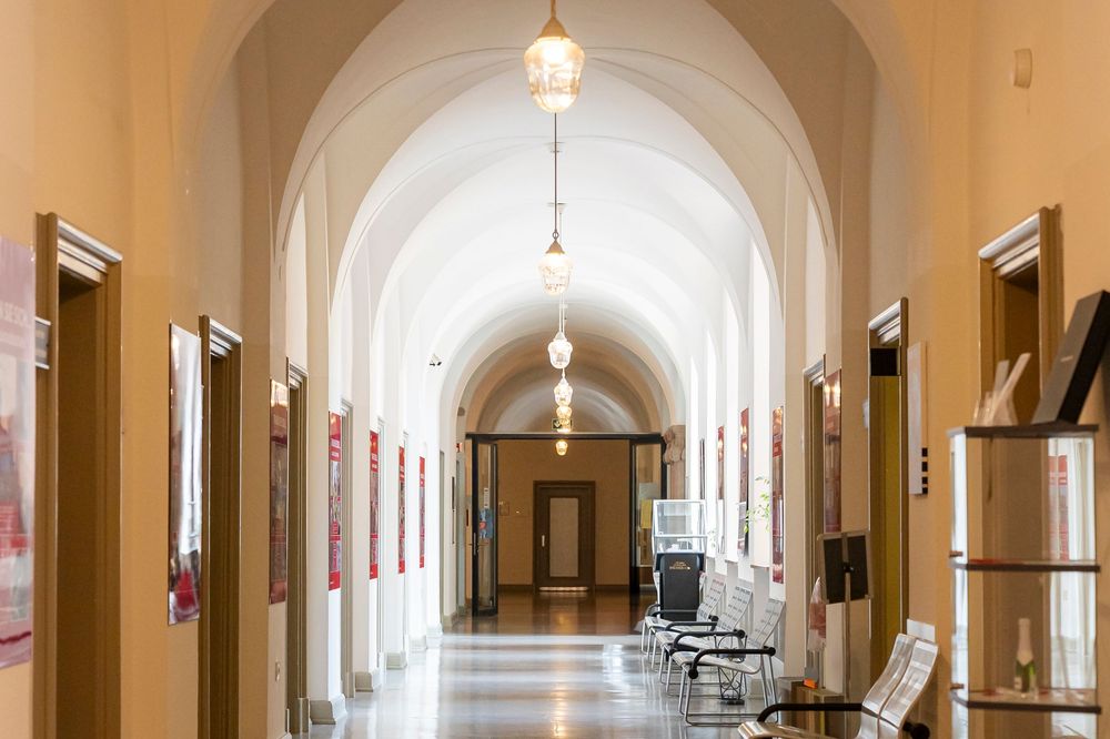 Long elegant hallway with arched ceilings and pendant lights creating symmetrical perspective.