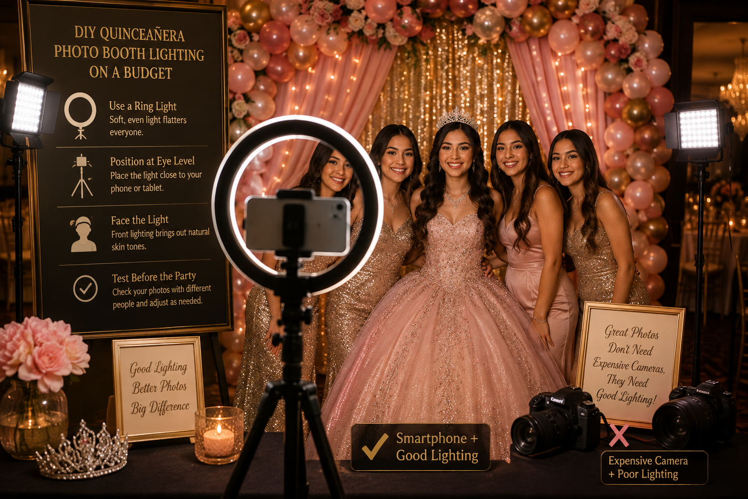Quinceañera photo booth with DIY props, backdrop and tablet setup for families seeking affordable reception entertainment and photos now